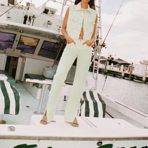 Zara Mid Rise Straight Leg Slit Jeans - Light Green